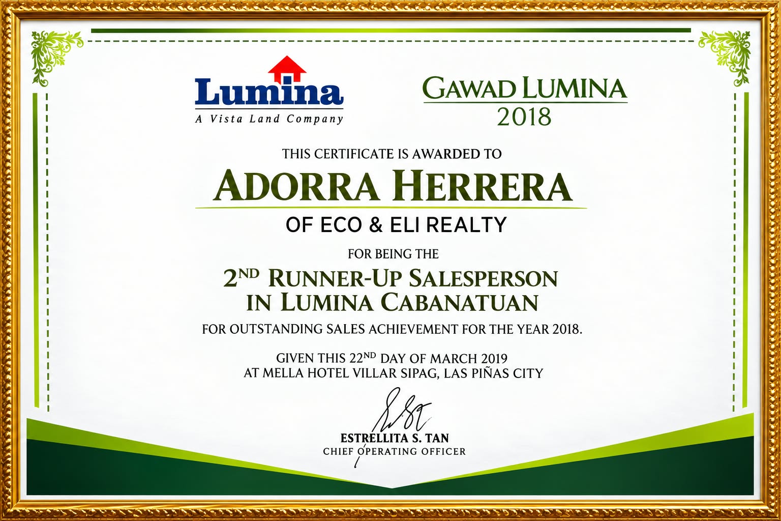 2nd Runner-Up SalesPerson Lumina Cabanatuan 2018